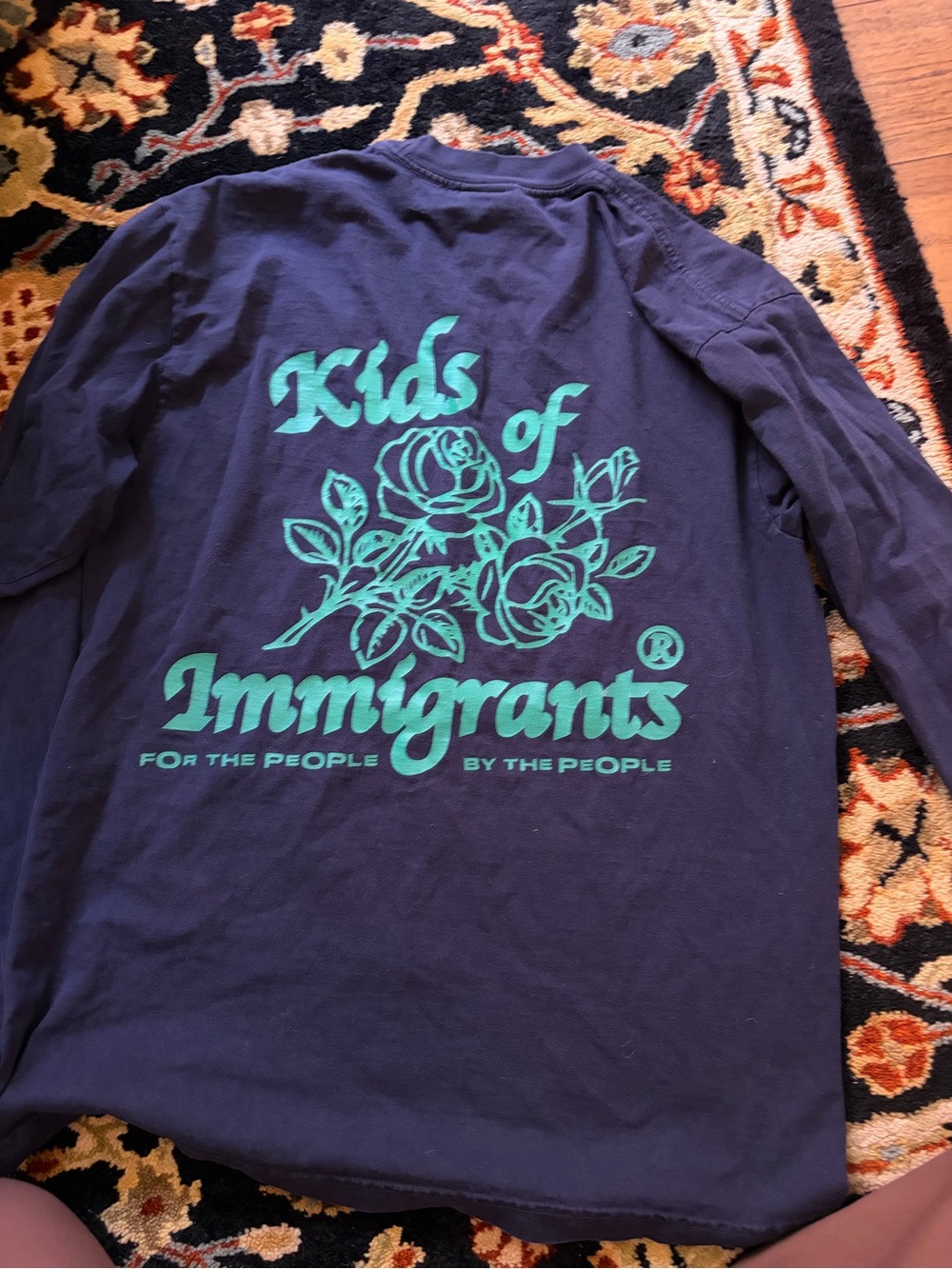 Kids of Immigrants Navy Long-Sleeve Tee with Teal Graphic